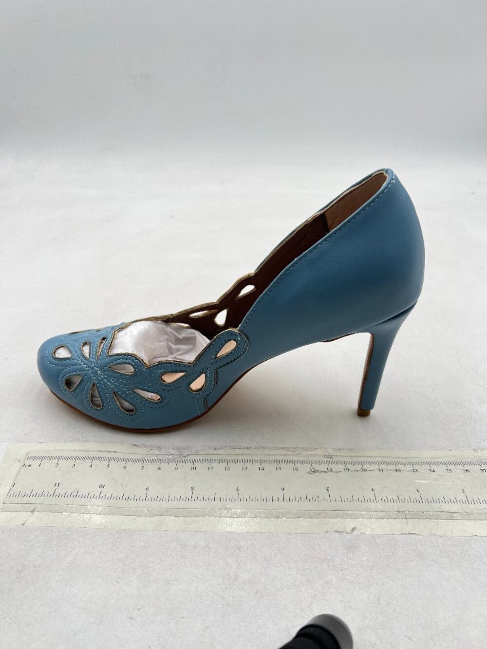 YDN Blue Retro Round Toe High Heels Flower Cutout Pumps Vintage Slip On Shoe